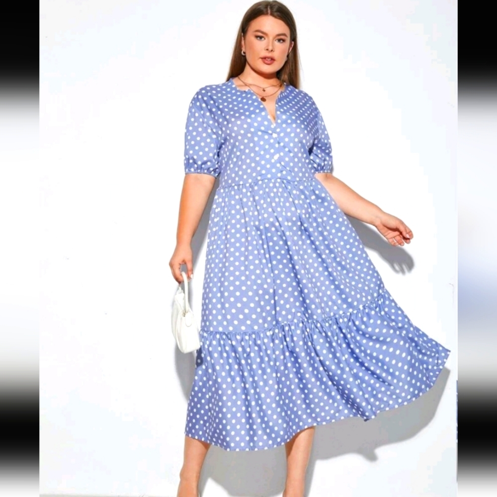 Plus size blue polka dot Dress 1XL